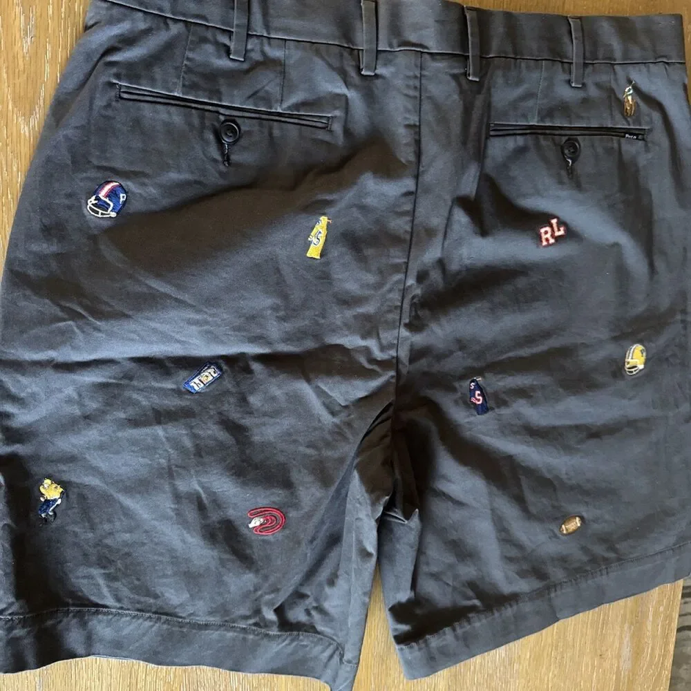 Polo Ralph Lauren Men Shorts Sz 38 Gray Flat Front Embroidered Sports Icons Cool